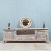 Handmade Indian Furniture Solid Hard Wood Carved Tv Unit in Whitewash